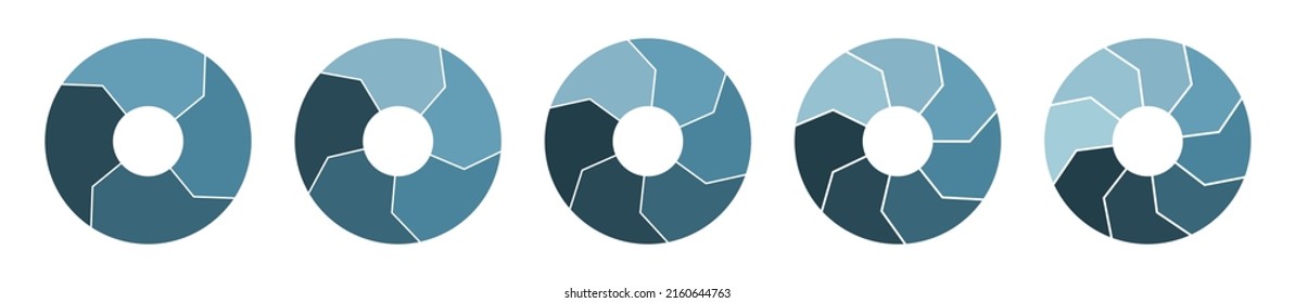 Lifecycle circulation icon set with 4, 5, 6, 7, 8 arrows. Thick parts spin infograph. Navy steel blue circle infographics. Flat vector illustration.