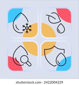 Life-giving essence set line icon. Water , drop, rain, moisture, sea, river, faucet, molecule. Glassmorphism style. Vector line icon for business and advertising
