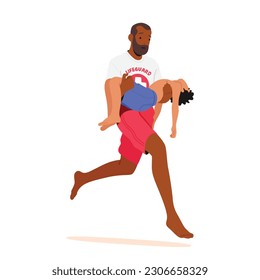 Salvaguarda el personaje afroamericano masculino "Sprint", llevando a un niño inconsciente en los brazos, rescatando en la playa, asegurando seguridad, asistencia y ayuda de emergencia, salvando vidas. Ilustración de vectores de personas de caricatura