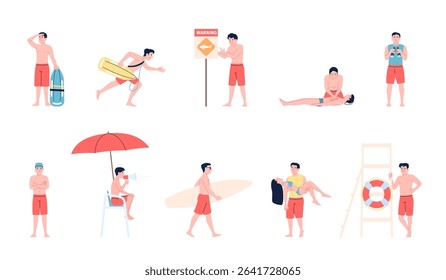 Lifeguard beach characters. Rescue men in swimsuits, with binoculars and megaphones. Rescuers, first aid, save person life on water, recent vector set