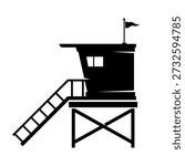 Lifeguard Beach Hut Watch Tower Shack Safety and Rescue Icon Vector Black Silhouette