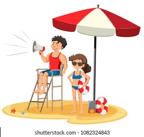 Lifeguard at the beach on white background illustration