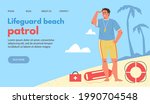 Lifeguard beach patrol website interface with male character of lifesaver, flat vector illustration. Beach rescue team landing page mockup with water lifeguard.