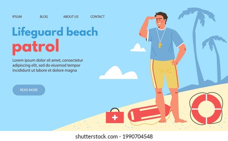 Lifeguard beach patrol website interface with male character of lifesaver, flat vector illustration. Beach rescue team landing page mockup with water lifeguard.