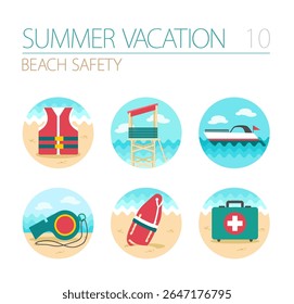 Lifeguard beach safety vector icon set. Summer time. Vacation, eps 10