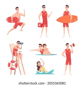 Lifeguard at beach. Summer vacation safety on the sea kids enjoying in water recreational time people working exact vector outdoor characters
