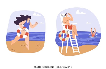 Lifeguard and Beachgoer Happily Enjoying a Wonderful Sunny Day at the Beautiful Beach