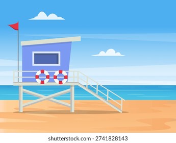 Lifeguard booth on the beach landscape. Rescuers provide emergency aid, lifesaving. Vector stock