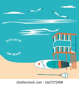 Lifeguard box - seascape, surfboard, seagulls - vector. Tourism. Journey. Surfer ride.