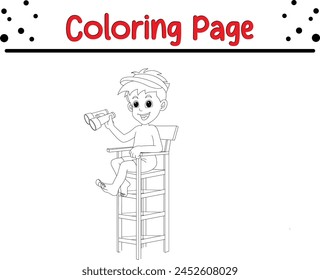 lifeguard boy holding binocular coloring page for kids