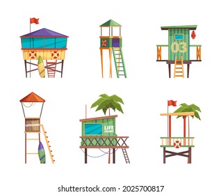 Lifeguard building. Bungalow guard towers on the beach in seaside life rescue garish vector constructions in flat style