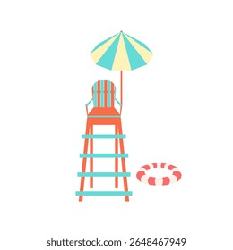 Lifeguard chair vector illustration. Colorful bright high beach life guard chair with striped parasol and swimming ring isolated on white background. Sea, pool swimming safety observation equipment