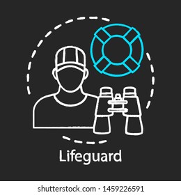 Lifeguard chalk icon. Professional rescuer. Beach emergency rescue. Summer part time job. Lifeguard equipment, ring buoy, binoculars. Expert swimmer. Isolated vector chalkboard illustration