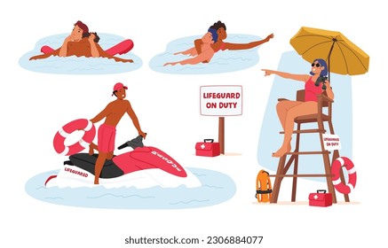 Lifeguard Characters On Beach Are Vigilant, Trained, And Responsible For Ensuring Safety And Preventing Accidents. They Monitor Swimmers, Provide First Aid, And Respond Quickly To Emergencies, Vector