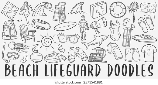 Lifeguard Doodle Icons Black and White Line Art. Bay Clipart Hand Drawn Symbol Design.