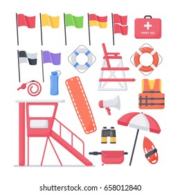 Lifeguard equipment flat vector icons set, big set of design beach safety objects isolated on the white background, vector illustration