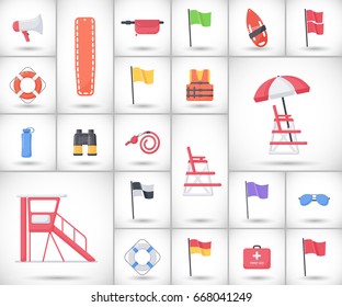 Lifeguard equipment flat vector icons set, big set of design beach safety objects with round shadow isolated on the white background, vector illustration