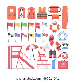 Lifeguard equipment flat vector icons set, big set of design beach safety objects isolated on the white background, vector illustration