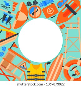Lifeguard equipment round pattern vector illustration. Rescue worker station. Lifeguard training. Supplies such as life vest, chair, flag, whistle, megaphone, rescue can.