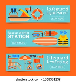 Lifeguard equipment set of banners vector illustration. Rescue worker station. Lifeguard training. Supplies such as life vest, chair, flag, whistle, megaphone, rescue can.