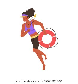 Lifeguard female cartoon character hurrying to save drowning person, flat vector illustration isolated on white background. Beach rescue team lifeguard with lifebuoy.