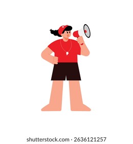 Lifeguard female character in a red-top black pants yelling through a megaphone vector Illustration