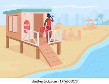 Lifeguard flat color vector illustration. Professional rescuer on beach tower. Ocean life guard. Sea lifesaver. African american woman in swimsuit 2D cartoon landscape with character on background