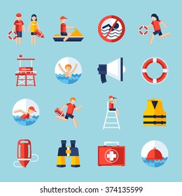 Lifeguard flat icons set with swimming people and water rescue symbols isolated vector illustration