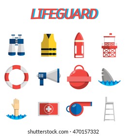 Lifeguard flat icons set with water rescue symbols isolated vector illustration