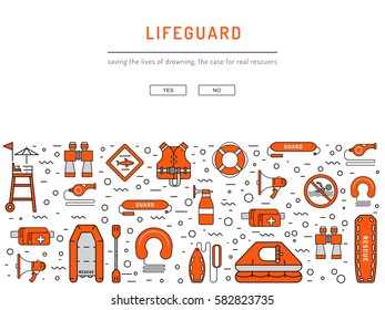 Lifeguard flat outline icons set with with equipment and rescue equipment for the rescue of drowning. Water rescue symbols isolated vector illustration