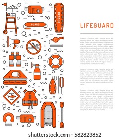Lifeguard flat outline icons set with with equipment and rescue equipment for the rescue of drowning. Water rescue symbols isolated vector illustration