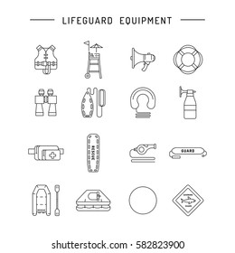 Lifeguard flat outline icons set with with equipment and rescue equipment for the rescue of drowning. Water rescue symbols isolated vector illustration