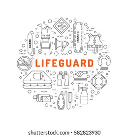Lifeguard flat outline icons set with with equipment and rescue equipment for the rescue of drowning. Water rescue symbols isolated vector illustration