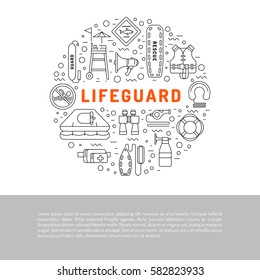 Lifeguard flat outline icons set with with equipment and rescue equipment for the rescue of drowning. Water rescue symbols isolated vector illustration