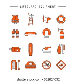Lifeguard flat outline icons set with with equipment and rescue equipment for the rescue of drowning. Water rescue symbols isolated vector illustration