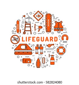 Lifeguard flat outline icons set with with equipment and rescue equipment for the rescue of drowning. Water rescue symbols isolated vector illustration