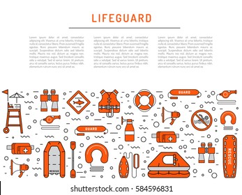 Lifeguard flat outline icons set with with equipment and rescue equipment for the rescue of drowning. Water rescue symbols isolated vector illustration