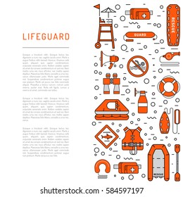 Lifeguard flat outline icons set with with equipment and rescue equipment for the rescue of drowning. Water rescue symbols isolated vector illustration