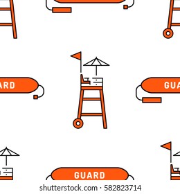 Lifeguard flat outline seamless pattern with equipment and rescue equipment for the rescue of drowning. Water rescue pattern vector illustration