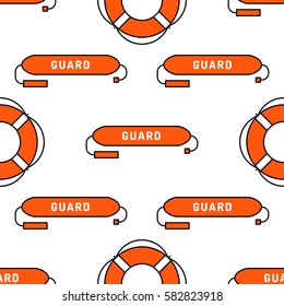 Lifeguard flat outline seamless pattern with equipment and rescue equipment for the rescue of drowning. Water rescue pattern vector illustration