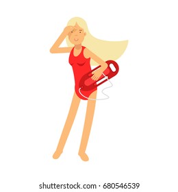 Lifeguard girl character in a red swimsuit holding life preserver buoy and looking into the distance vector Illustration