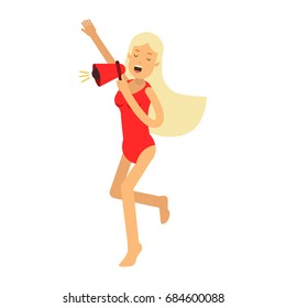 Lifeguard girl character in a red swimsuit yelling through a megaphone vector Illustration