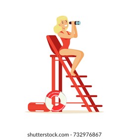Lifeguard girl in a red swimsuit sitting on lookout tower and looking at binoculars, rescuer professional vector Illustration