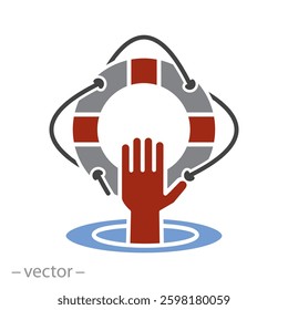 lifeguard help, life buoy with hand on beach icon, life safety belt on sea, survival logo, flat vector illustration
