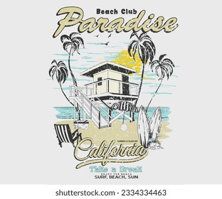 Lifeguard house. Good vibes t-shirt artwork. Palm tree, chair graphic print design. Enjoy summer time vector design. Summer retro graphic print design. Surfing board. Beach paradise.