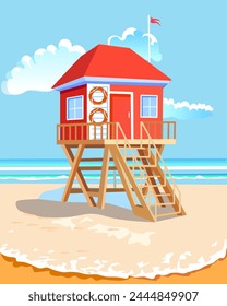 Lifeguard house on the beach against the background of blue sky sea sand Vector