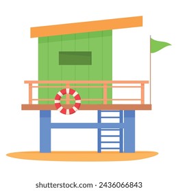 Lifeguard house wooden hut with stairs lifebuoy and flag emergency aid at seaside vector flat illustration. Monitoring post for safety rescue guard watch security protection observe tower on beach