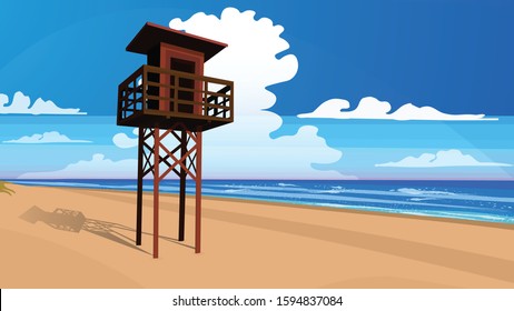 Lifeguard hut on a beach on a sunny day. Vector illustration.