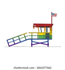 Lifeguard hut. Rainbow Lifeguard stand Santa Monica Beach California. Lifeguard tower on Venice beach, Pacific Ocean, West Coast, USA, Vector illustration, Print for t shirts, posters, postcard