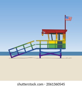 Lifeguard Hut. Rainbow Lifeguard Stand Santa Monica Beach California. Lifeguard Tower On Venice Beach, Pacific Ocean, West Coast, USA. Interior Painting, Design For T Shirts, Posters, Postcards